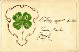1903 Újévi üdvözlőlap, lóhere, aranyozott díszítés, dombornyomat / New Year greeting card, clover, golden decoration, Emb. (EK)