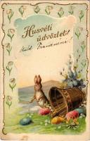 1908 Húsvéti üdvözlet, virágos üdvözlőlap aranyozott díszítéssel, dombornyomat / Easter greeting card, rabbit, eggs, bell, golden decoration, Emb. floral litho (EK)