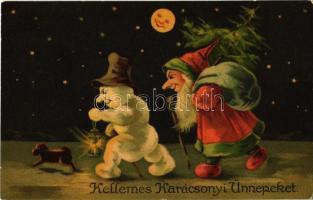 1916 Kellemes Karácsonyi Ünnepeket, üdvözlőlap, törpe Mikulás / Christmas greeting card, dwarf Santa Claus, snowman, dog, night; Wenau-Postkarte No. 761, litho