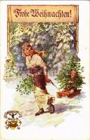 1914 Frohe Weinachten! / Christmas greeting card, girl, child, sleigh; Verlag des Vereines Südmark, Karte Nr. 342 artist signed