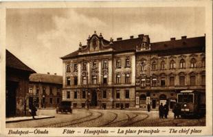 1927 Budapest III. Óbuda, Fő tér, villamos, automobil, III. Kerületi Elöljáróság, vendéglő, Gebhard József üzlete (EK)