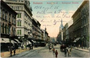 1908 Budapest VII. Kerepesi út (Rákóczi út), Metropole szálloda, villamosok, üzletek. Taussig A.