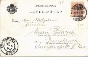 1897 (Vorläufer!) Budapest, Margitszigeti fürdőház, új országház. Magyar címer, Art Nouveau, floral,...