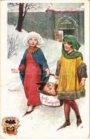 1912 New Year greeting card, girls with pig; Verlag des Vereines Südmark, Neujahrskarte Nr. 230 s: F. Schwarz (fl)