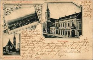 1899 Beszterce, Bistritz, Bistrita; Evangélikus templom, Sabling szálloda / church, hotel. Art Nouveau, floral