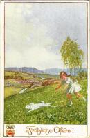 Fröhliche Ostern! / Easter greeting card, girl with rabbit; Verlag des Vereines Südmark, Karte Nr. 295 s: E. Kutzer (worn corners)