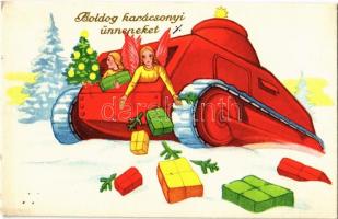 1940 Boldog karácsonyi ünnepeket, II. világháborús karácsonyi üdvözlőlap / WWII Christmas greeting card, angels in a tank, presents, No. 212