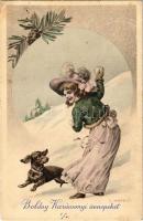 1971 Boldog Karácsonyi ünnepeket, üdvözlőlap / Christmas greeting card, girl with dog, No. 143 s: R. Kratki