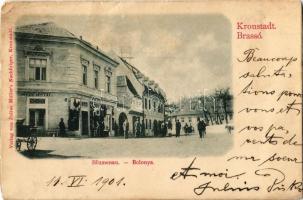 1901 Brassó, Kronstadt, Brasov; Bolonya, utca, Bede Antal üzlete. Julius Müller kiadása / Blumeanu / Blumana, street, shop (r)