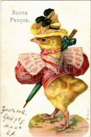 Buona Pasqua / Easter greeting card, chicken in costume, No. 432. litho