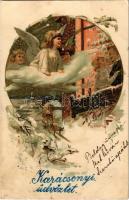 1901 Karácsonyi üdvözlet, üdvözlőlap / Christmas greeting card, angels, couple, No. 201 litho s: R. Kratki (fl)