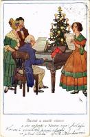 Stastné a veselé vánoce a vse nejlepsi v Novém roce! / Christmas and New Year greeting card, piano, Christmas tree (EK)