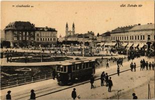 Szabadka, Subotica; Szt. István tér, üzletek, villamos / square, shops, tram (fl)