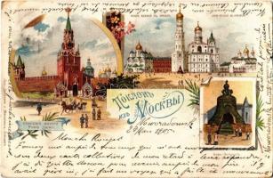 1905 Moscow, Moscou; Porte Sainte, Reine des cloches, Ivan Velikoi au Kremlin / Spasskaya Tower, Tsar Bell, Ivan the Great Bell Tower of Kremlin. Art Nouveau, flora, litho (fa)