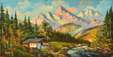 Holik jelzéssel: Alpesi táj házzal. Olaj, vászon, 40×80 cm
