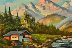 Holik jelzéssel: Alpesi táj házzal. Olaj, vászon, 40×80 cm