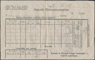 1945 Soproni és Kőszegi Polgári Serfőzdék Rt. soproni gyártelepe, számla