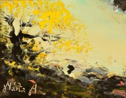 Márta Mónika (?-): Tájkép. Olaj, farost, jelzett, fa keretben, 25×30 cm