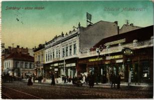 1914 Miskolc, Széchenyi utca, Klein Sámuel, Képeslap Király, Roth Ármin utóda, Bloch üzlete, villamossín - képeslapfüzetből / from postcard booklet