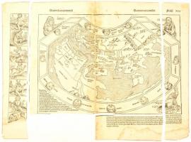 1493 Secunda etas mundi - VIlágtérkép. Az Amerika felfedezése előtti világot ábrázoló fametszetű térkép Hartmann Schedel Liber Chronicarum c. művének első latin nyelvű kiadásában jelent meg. A térkép Ptolemaiosz Geographia c. munkáján alapul, de annál egyszerűbb. A térkép mellet mindenféle groteszk teremtmény látható, akik a hiedelmek szerint a világ szélén laktak. A térkép felett pedig Ham, Sem és Japhet, Noé fiai láthatóak, a valláscentrikus világképnek megfelelően. 4 részre vágva, némi hiánnyal. A legkorábbi, megszerezhető világtérkép. Még így, restaurálandó állapotban is ritkaság, hazai aukción eddig egyszer szerepelt. 42,4x56,5 cm / 1493 Secunda etas mundi. A map of the World from the time of Columbus. Woodplate engraving from Hartmann Schedels Liber Chronicums Latin edition. Cut in four with some parts missing.