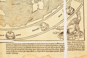 1493 Secunda etas mundi - VIlágtérkép. Az Amerika felfedezése előtti világot ábrázoló fametszetű tér...