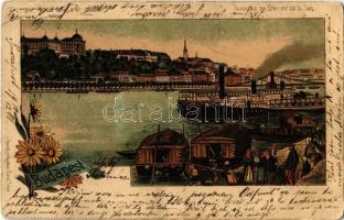 Budapest, pesti rakpart és Királyi vár, piac. Gustav Ertel floral, litho