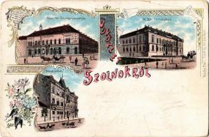 1898 Szolnok, Magy. kir. pénzügyigazgatóság, Törvényház, nemzeti szálloda. Art Nouvea, floral, litho. Fuchs Lipót és fia kiadása (Rb)