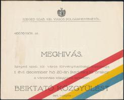 1932 Szeged, polgármesteri meghívó főispáni beiktató közgyűlésre