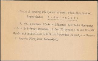 1932 Szeged, polgármesteri meghívó főispáni beiktató közgyűlésre