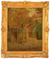 Olvashatatlan jelzéssel: Hazafelé. Olaj, karton, restaurálásra szorul, sérült keretben, 60×49 cm