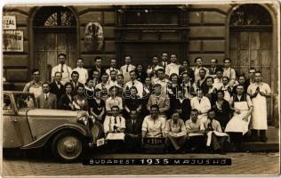 1935 Budapest VII. Klauzál tér, FBH Fábián Béla Luxuscipőgyár alkalmazottai és cipészek cipőkkel, automobil, Magy. kir. posta, távirda és távbeszélő hivatal, takarékpénztár. photo (EB)