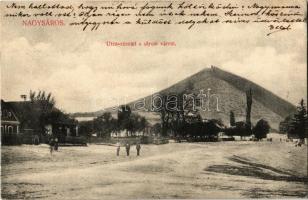 Nagysáros, Velky Saris; utca részlet a sárosi várral. Felvétel és fénynyomat Divald K. fia műintézetéből / Sarissky hrad / street view, castle ruins in the distance (EK)