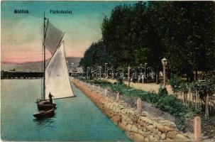 1915 Siófok, park, vitorlás hajó, fürdőházak