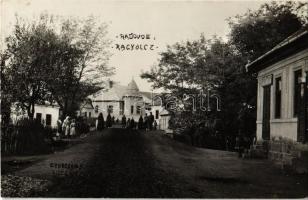 1936 Ragyolc, Radzovce; utcakép, üzlet, Rády kastély az utca végén / street view, shop, castle. Gyurcsány photo