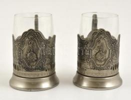 Szovjet ezüstözött fém csészetartó, üveg poharakkal, hibátlan, jelzett, m:10,5 cm (2×)