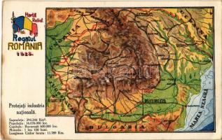1925 Romania, Regatul Romania, Haria Relief. Protejati industria nationala / map of Romania, Embossed (EK)