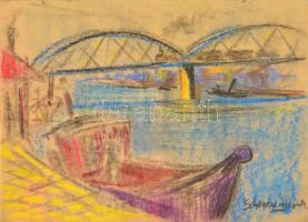 Schönberger jelzéssel: Hajók a hídnál. Pasztell, papír, üvegezett keretben, 31×45 cm