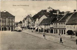 Segesvár, Schässburg, Sighisoara; utcakép, Zimmermann Testvérek, Richter üzlete / street view, shops (non PC) (vágott / cut)