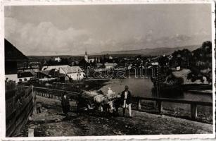 Maroshévíz, Oláhtoplica, Toplita, Toplica; látkép, ökrös szekér az úton / general view, ox cart (apró lyuk / pinhole)