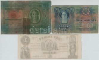 1852. 1Ft "Kossuth bankó" kitöltetlen "B", ívszéllekkel + 1912. 100K + 1913. 20K...