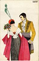 Baroque ball, couple in costumes. Wiener art postcard. B.K.W.I. 620-1. s: Mela Koehler (fa)