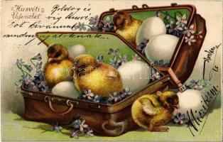 Húsvéti üdvözlet! / Easter greeting art postcard with chicken and eggs. Emb. litho