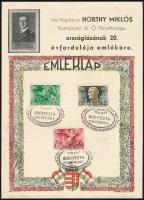 1940 Horthy Miklós kormányzó országlásának 20. évfordulója emlékére kiadott emléklap, 3 bélyeggel és 3 bélyegzéssel, 21x15 cm