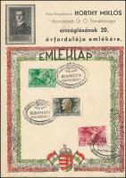 1940 Horthy Miklós kormányzó országlásának 20. évfordulója emlékére kiadott emléklap, 3 bélyeggel és 3 bélyegzéssel, 21x15 cm