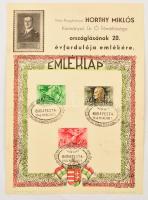 1940 Horthy Miklós kormányzó országlásának 20. évfordulója emlékére kiadott emléklap, 3 bélyeggel és 3 bélyegzéssel, 21x15 cm