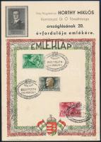 1940 Horthy Miklós kormányzó országlásának 20. évfordulója emlékére kiadott emléklap, 3 bélyeggel és 3 bélyegzéssel, 21x15 cm