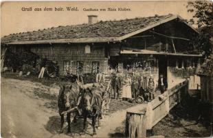 Bayerischer Wald, Bavarian Forest; Gasthaus von Alois Kloiber / restaurant and hotel, horse cart, barrels (non PC) (cut)