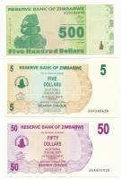 Zimbabwe 2006. 5D + 10D + 2009. 500D T:I Zimbabwe 2006. 5 Dollars + 10 Dollars + 2009. 500 Dollars C:UNC