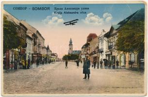 Zombor, Czoborszentmihály, Sombor; utcakép repülőgéppel / Kralja Aleksandra ulica / street with aircraft (szakadás / tear)