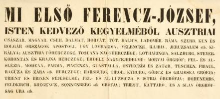 1848. december 2.  I. Ferenc József magyar nyelvű kiáltványa trónra lépése alkalmából, melyben hitet...